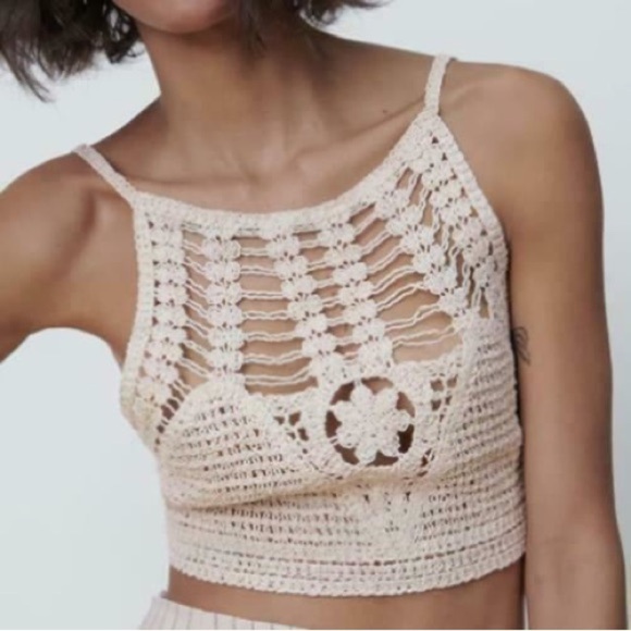 Zara Cream Crochet Crop Tank Top - Picture 1 of 7